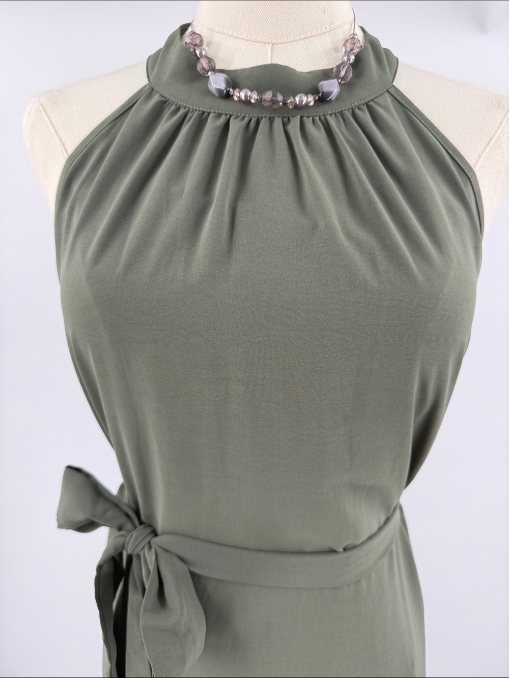 Sleeveless Olive Halter Maxi Dress with Waist Tie - Picture 6 of 9